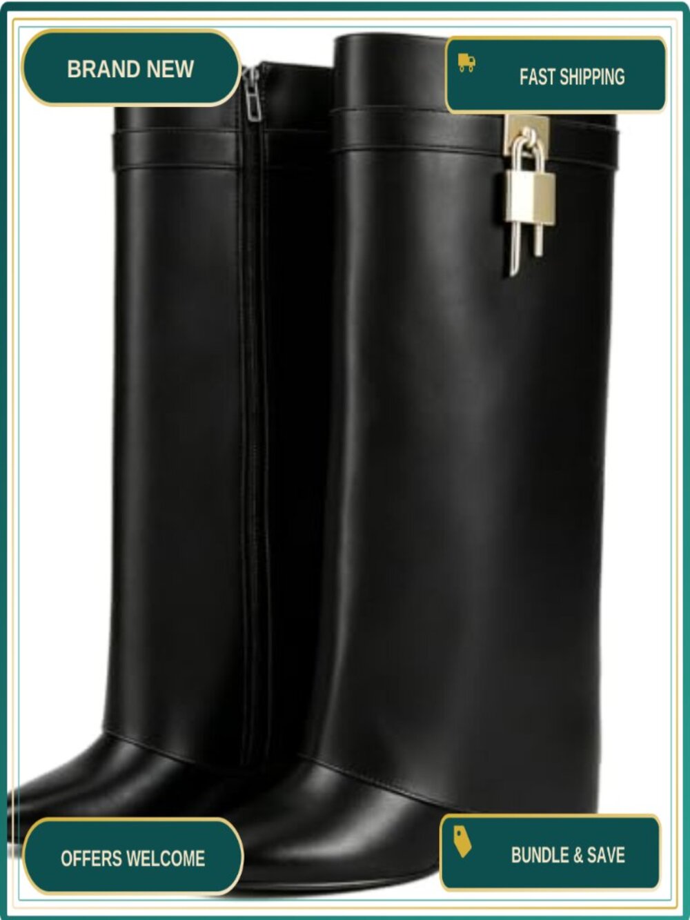 Faux Leather Knee High Fold Over Boots with Wedge Heels & Side Zip Stat